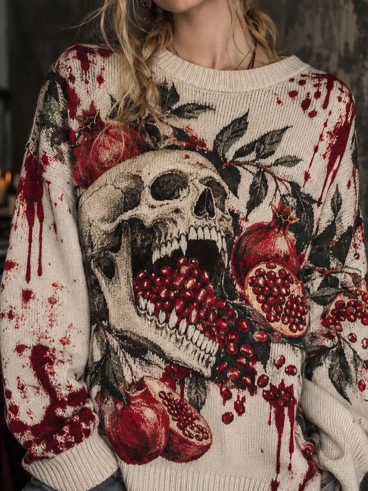 Women's Gothic Skull & Pomegranate Graphic Casual Sweater