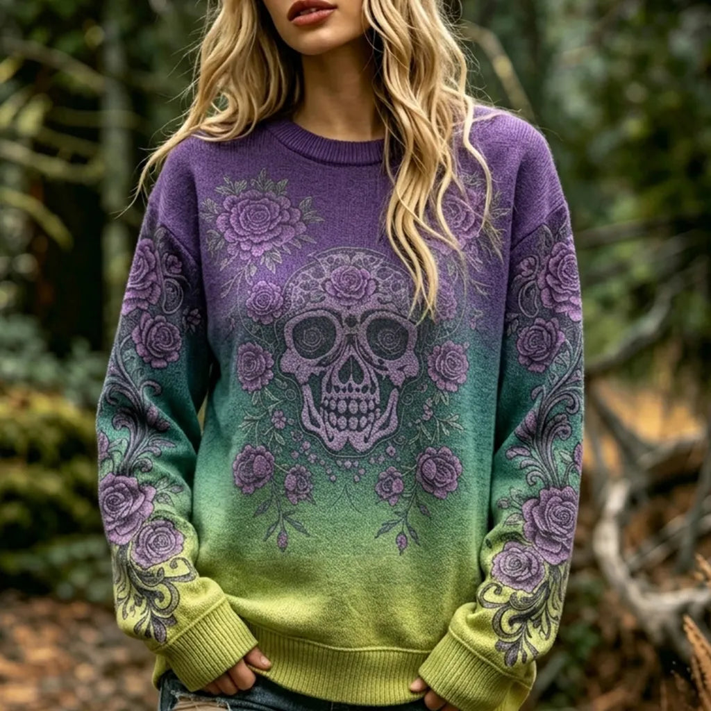 Women's Retro Viking Skull And Rose Pattern Casual Warm  Sweater