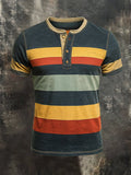 Men's Vintage Striped Casual Henley Short Sleeve T-Shirt