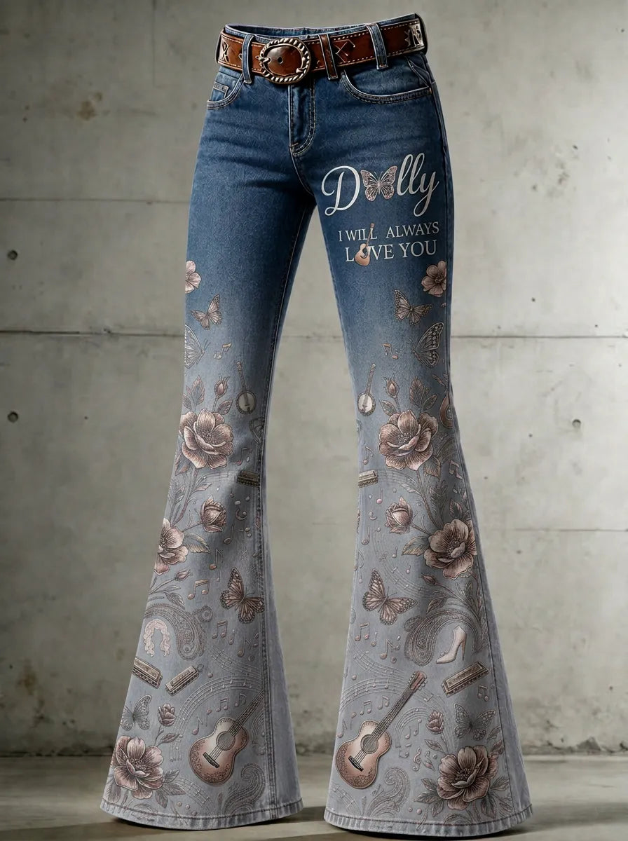 Women's Dolly Parton Butterfly Floral Guitar Printed Flare Jeans