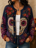 Women's Day Of The Dead Dual‐Side Owl Figure Heart Vine Floral Motifs Print Knit Cardigan