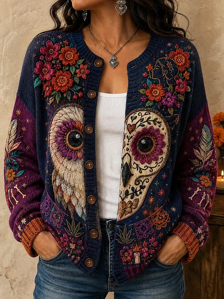 Women's Day Of The Dead Dual‐Side Owl Figure Heart Vine Floral Motifs Print Knit Cardigan