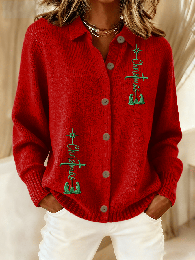 Women's Christmas Faith Knitted Collar Button Cardigan