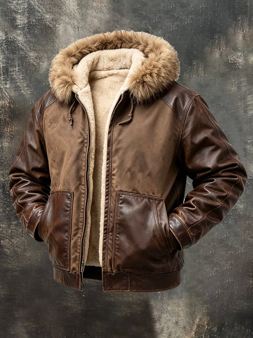 Men's Retro Faux Leather and Plush Warm Jacket