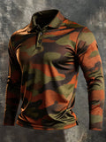Men's Retro Color-Block Camouflage Long-Sleeve Polo Shirt