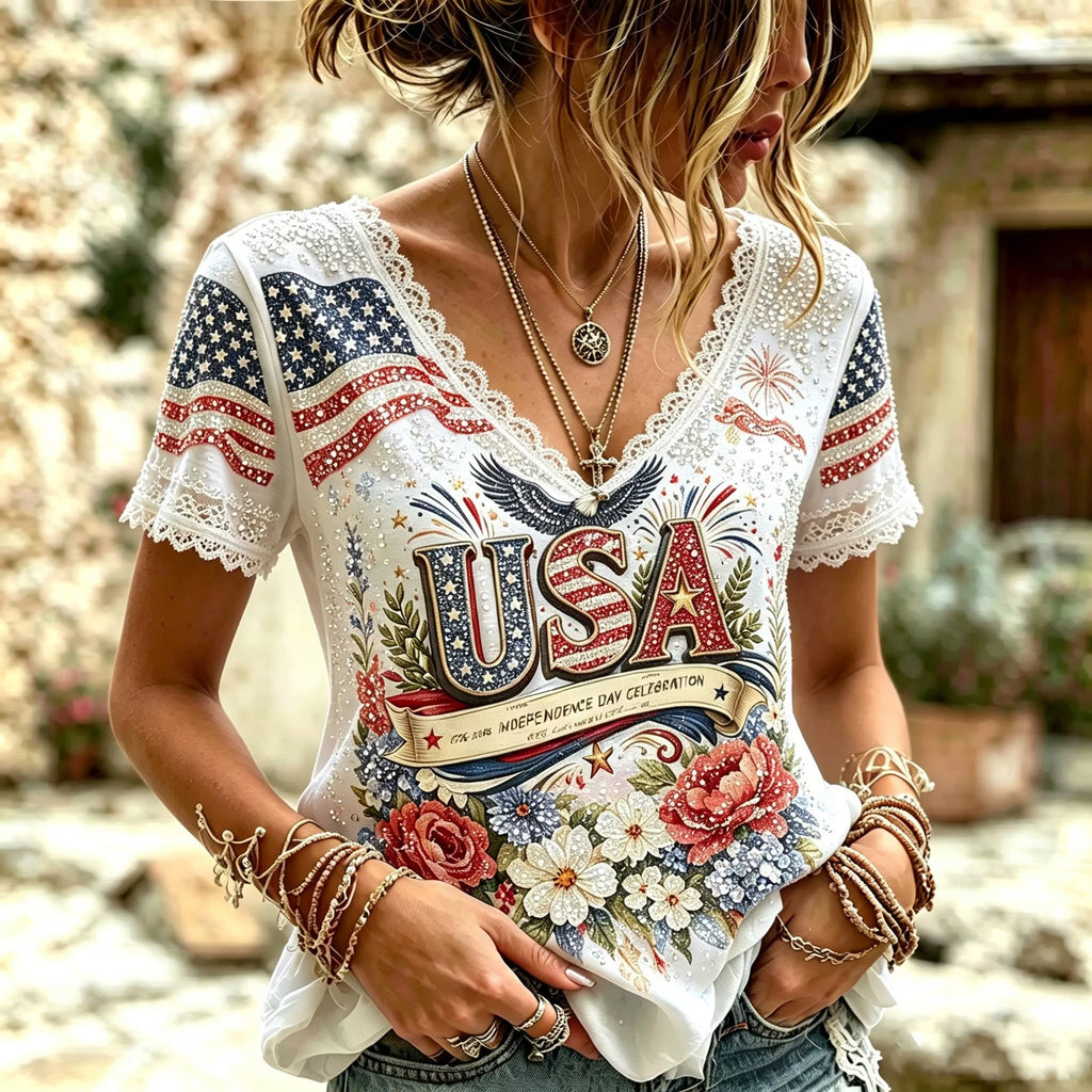Women's American Flag, Floral, And Eagle Print V-neck Short-sleeved Top