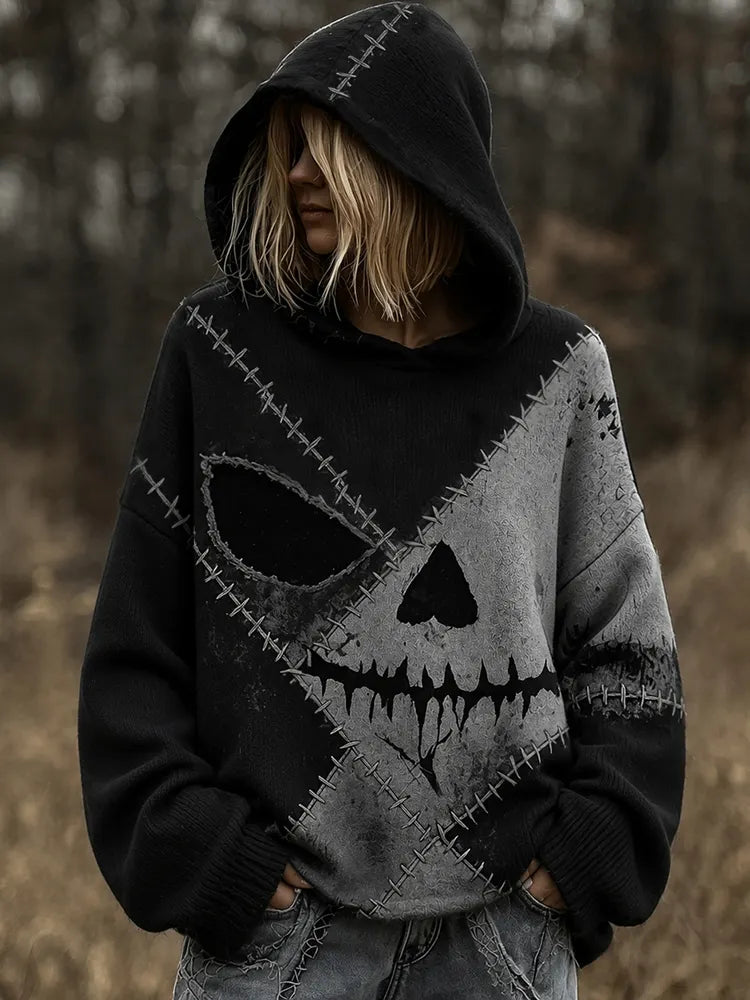 Women's Retro Halloween Scary Face Print Casual Warm Hooded Sweater