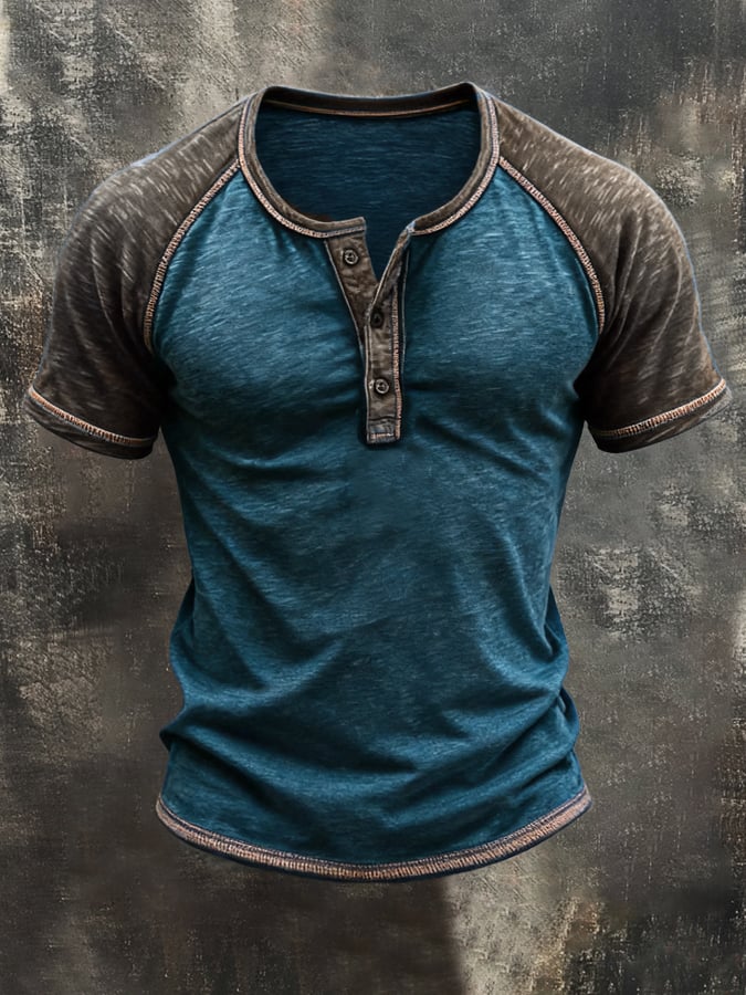 Men's Retro Color-Block Short-Sleeve Henley Shirt