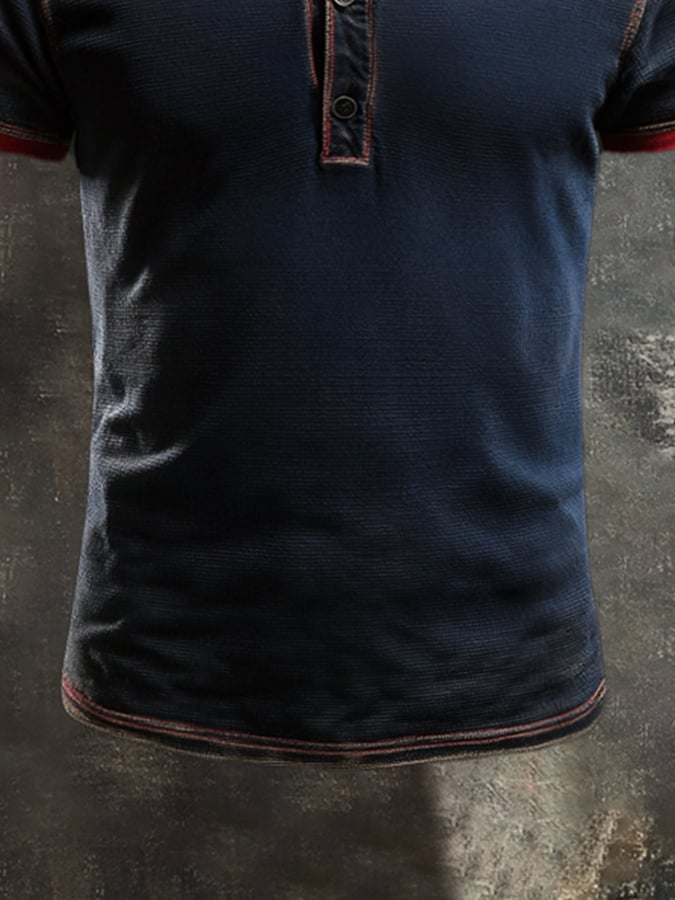 Men's casual retro wash colorblock Henley T-shirt