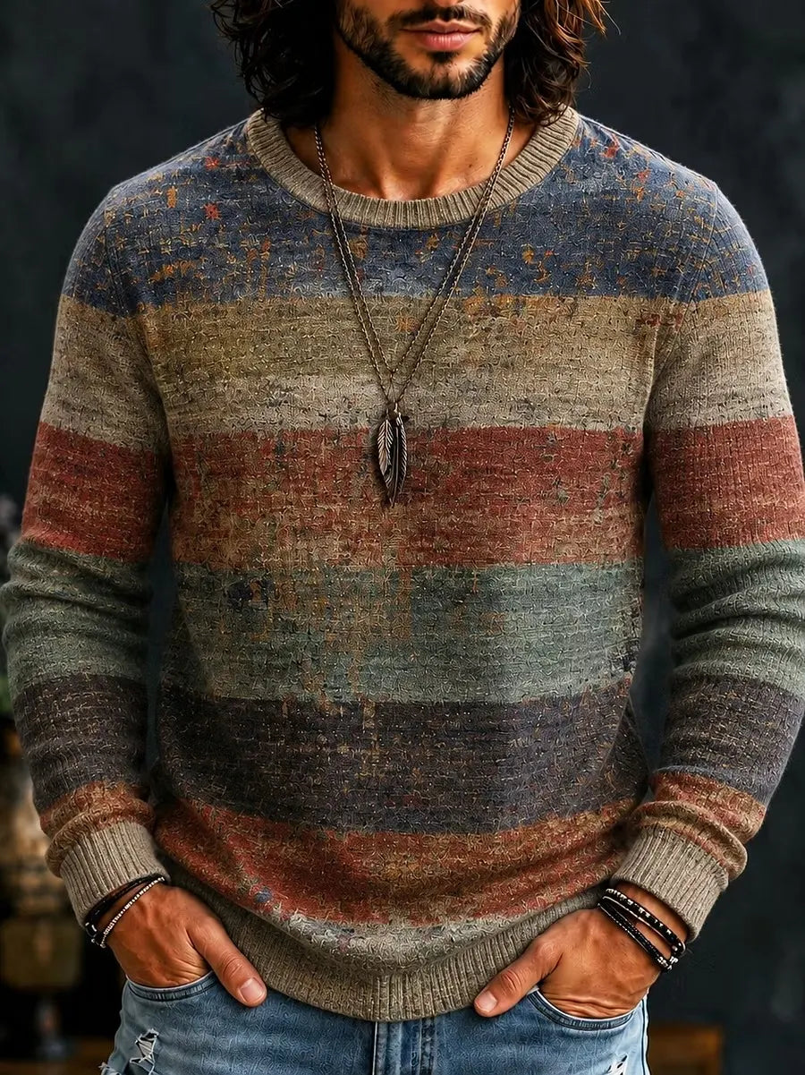 Men's Retro Multicolor Striped Print Round Neck Sweater