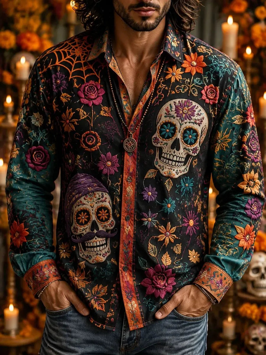 Men's Day Of The Dead Moustache‐Skull Pair Spider‐Web Mixed‐Bloom Vine Print Long Sleeve Shirt
