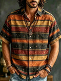Men's Retro Horizontal Stripes And Celestial Print Short Sleeve Buttons Shirt