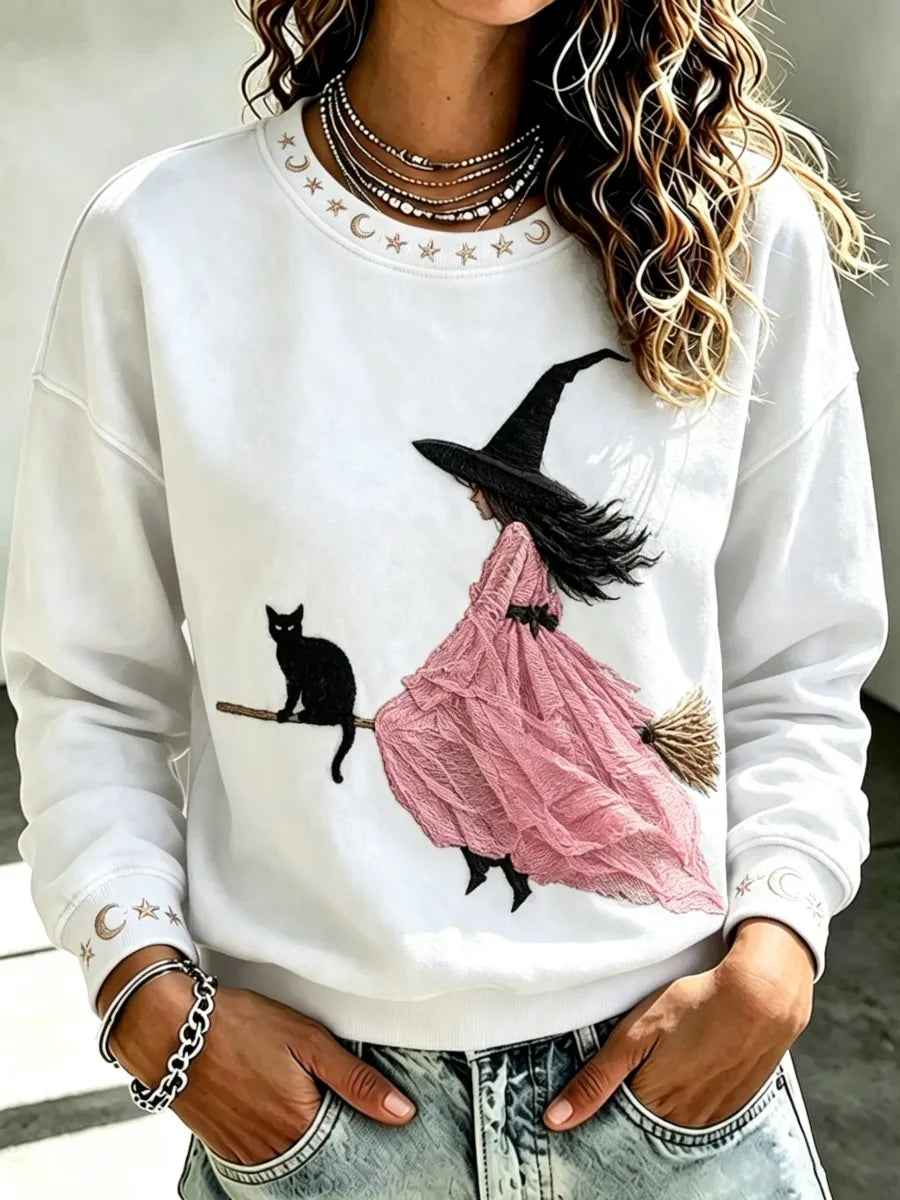 Women's Pink Witch-Themed Print Casual Sweatshirt