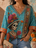 Women's Day Of The Dead Print Mid-length Sleeves V-Neck T-Shirt