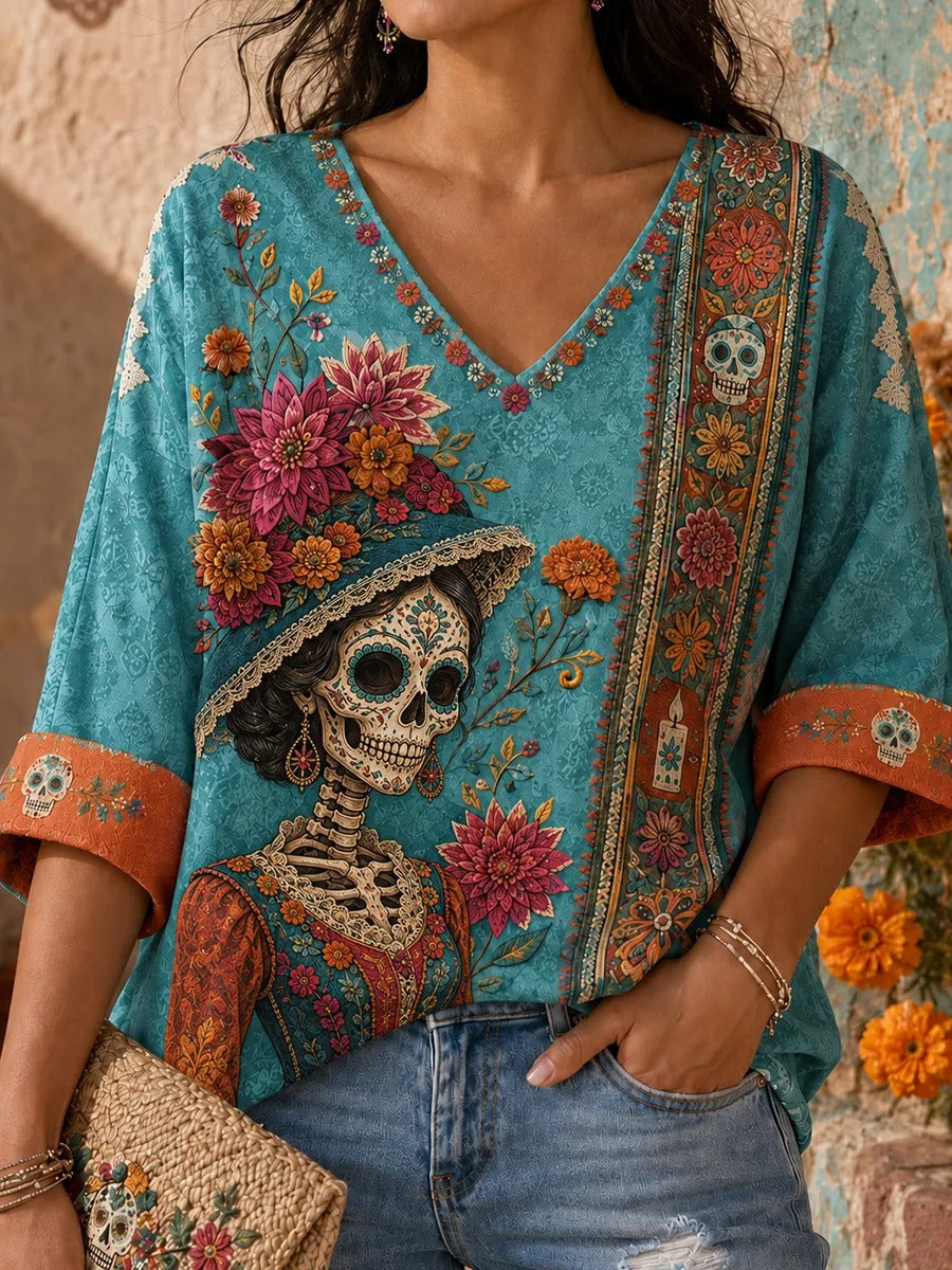 Women's Day Of The Dead Print Mid-length Sleeves V-Neck T-Shirt