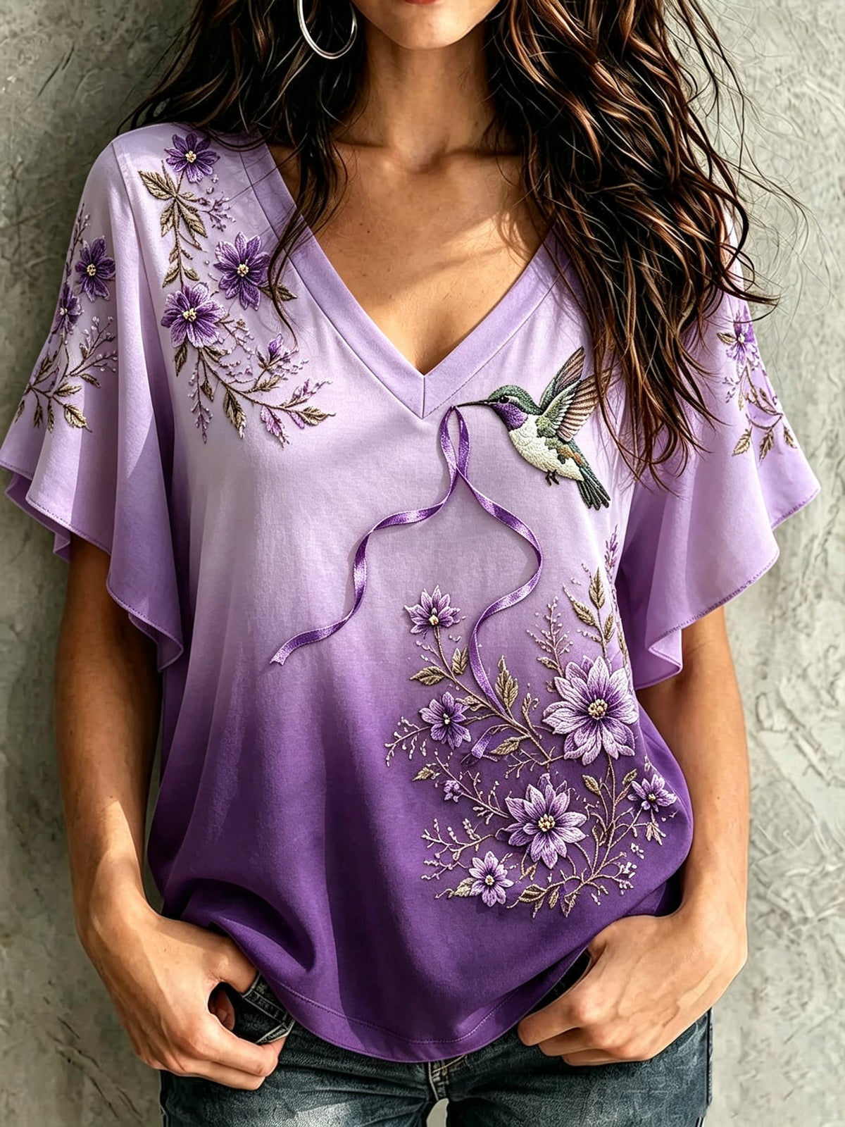 Women's Purple Floral Alzheimer's Disease Print Comfortable V-Neck T-Shirt