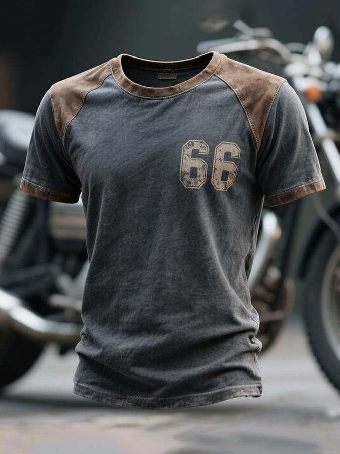 Men's retro style color block t-shirt with round neck and short sleeves