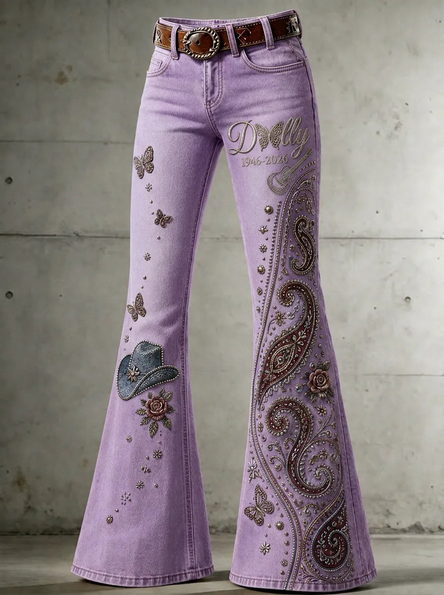 Women's Dolly Parton Butterfly Paisley Guitar Printed Flare Jeans