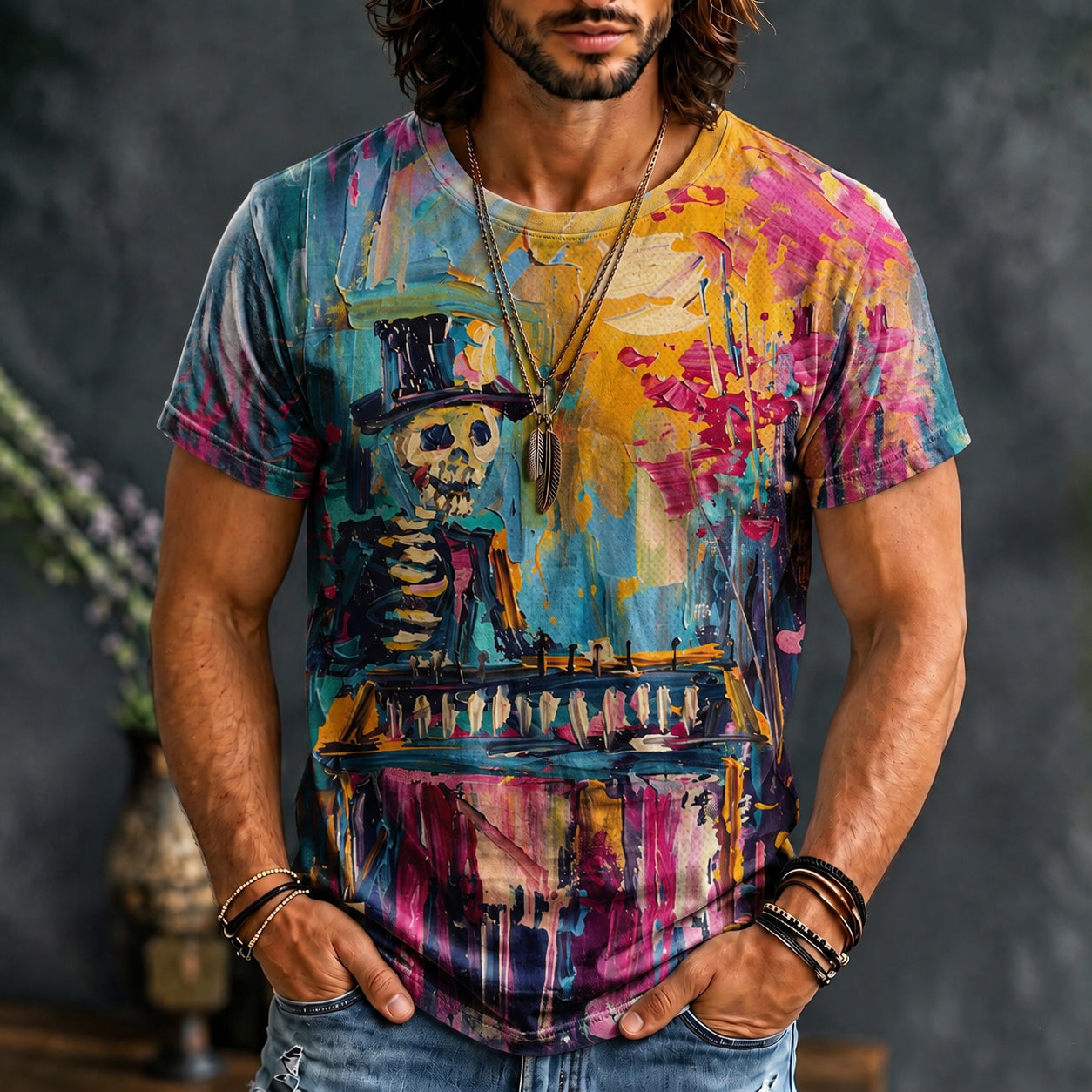 Men's Halloween Oil Painting Skeleton Art Print Crew Neck Short Sleeve T-shirt