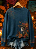 Women's Day Of The Dead Catrina Lady Butterfly Marigold Floral Print Sweatshirt