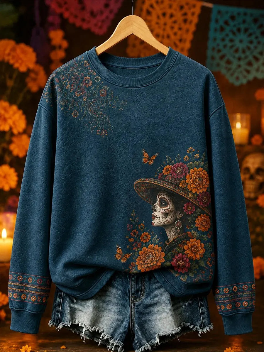 Women's Day Of The Dead Catrina Lady Butterfly Marigold Floral Print Sweatshirt