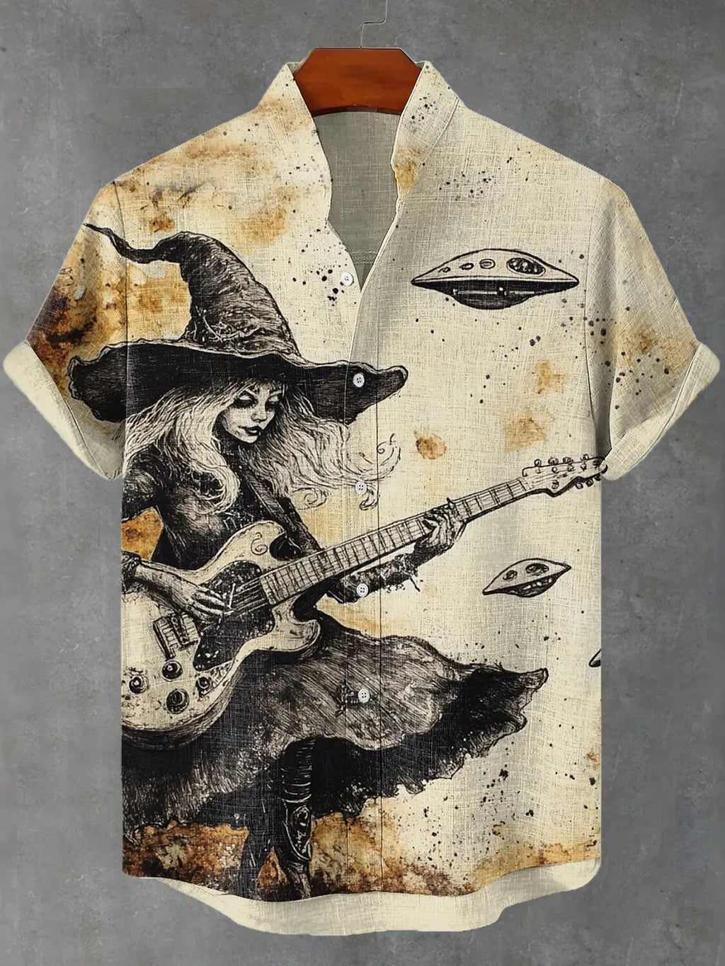 Men's Japanese Art Witch Guitar Print Cotton Linen Shirt