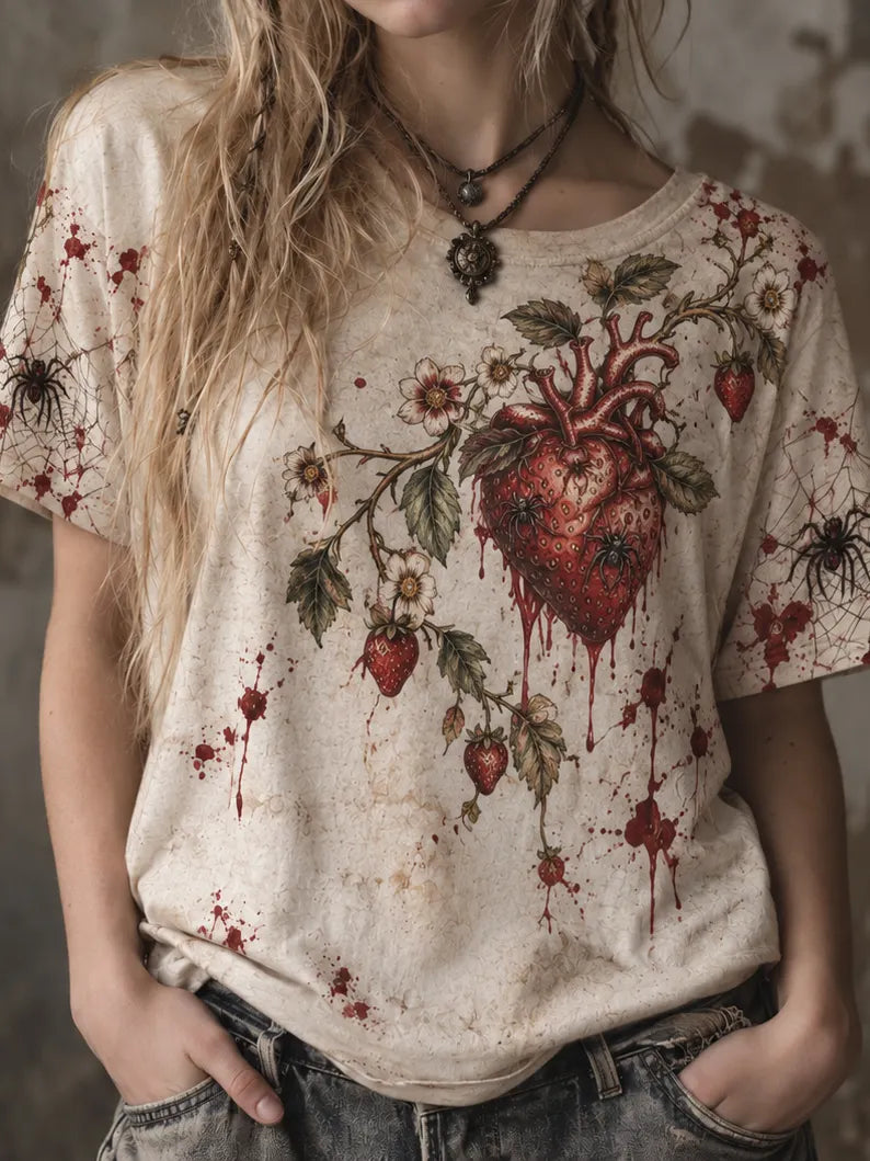 Women's Gothic Strawberry Heart Graphic Casual T-shirt