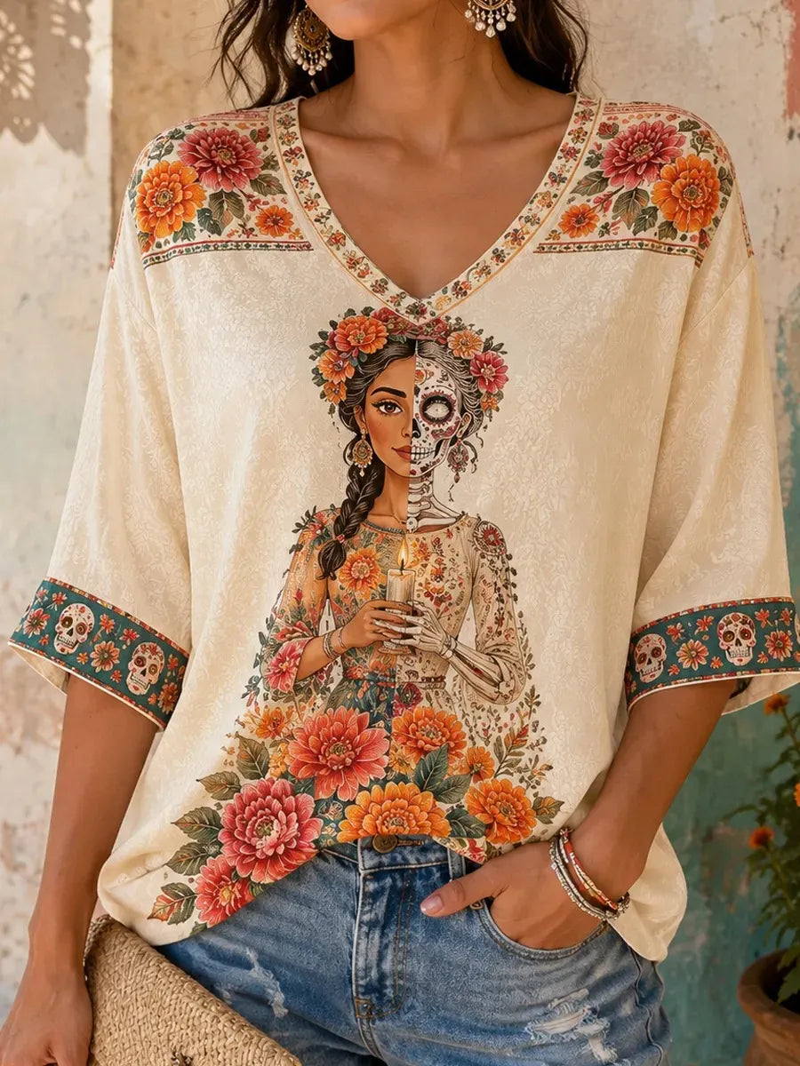 Women's Day Of The Dead Print 3/4 Sleeve V-Neck T-Shirt