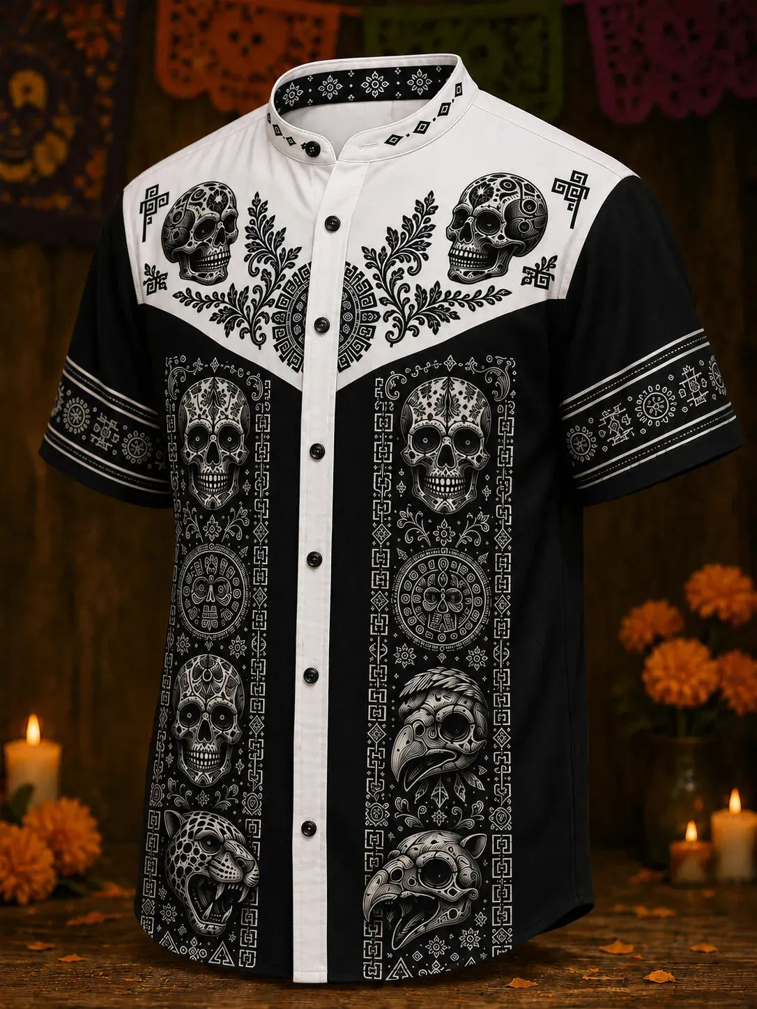 Men's Day Of The Dead Print Stand Collar Short Sleeve Shirt