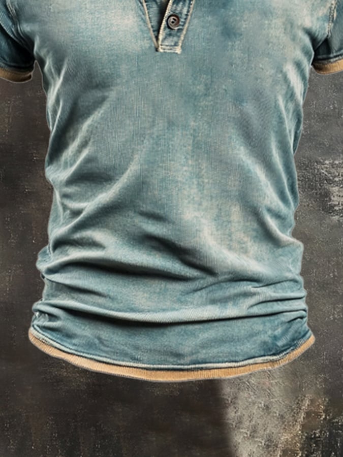 Men's Vintage Distressed Colorblock Cotton Casual Henley Short Sleeve T-Shirt