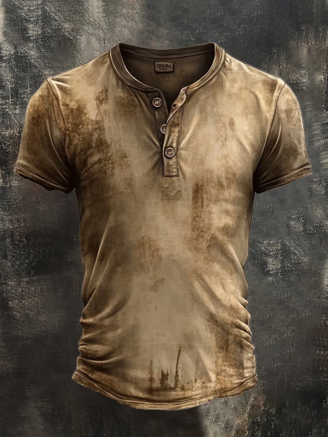 Men's casual vintage style Henley shirt with washed print and short sleeves