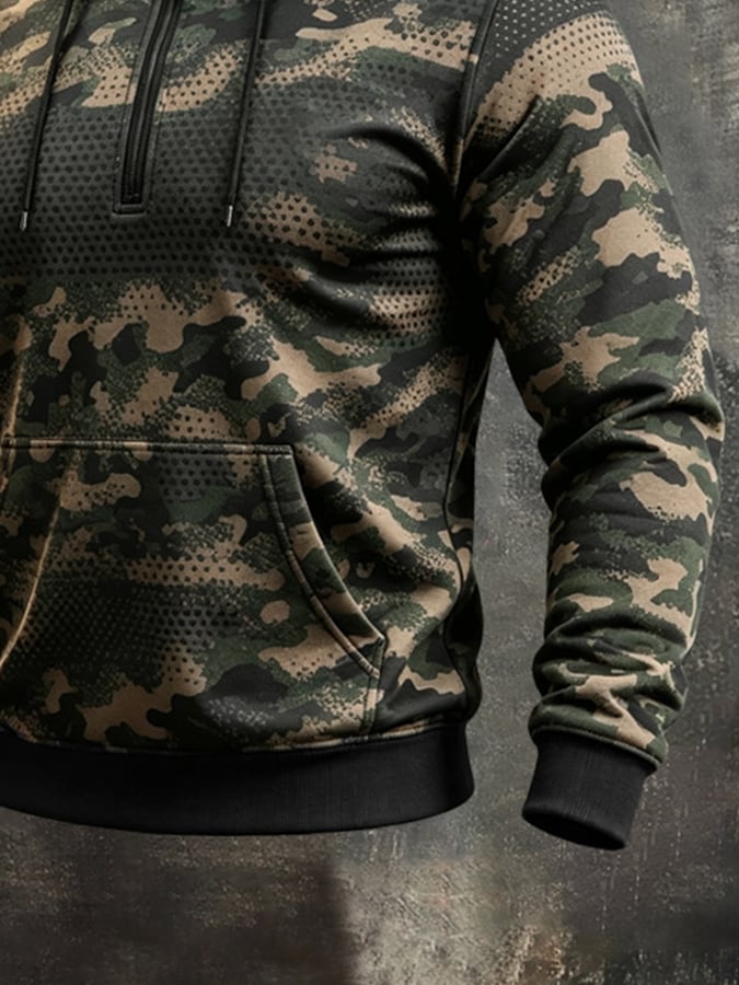 Men's Vintage Camo Print Quarter-Zip Hoodie