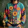 Men's Moon Star Mushroom Blossom Print Crew Neck Sweatshirt