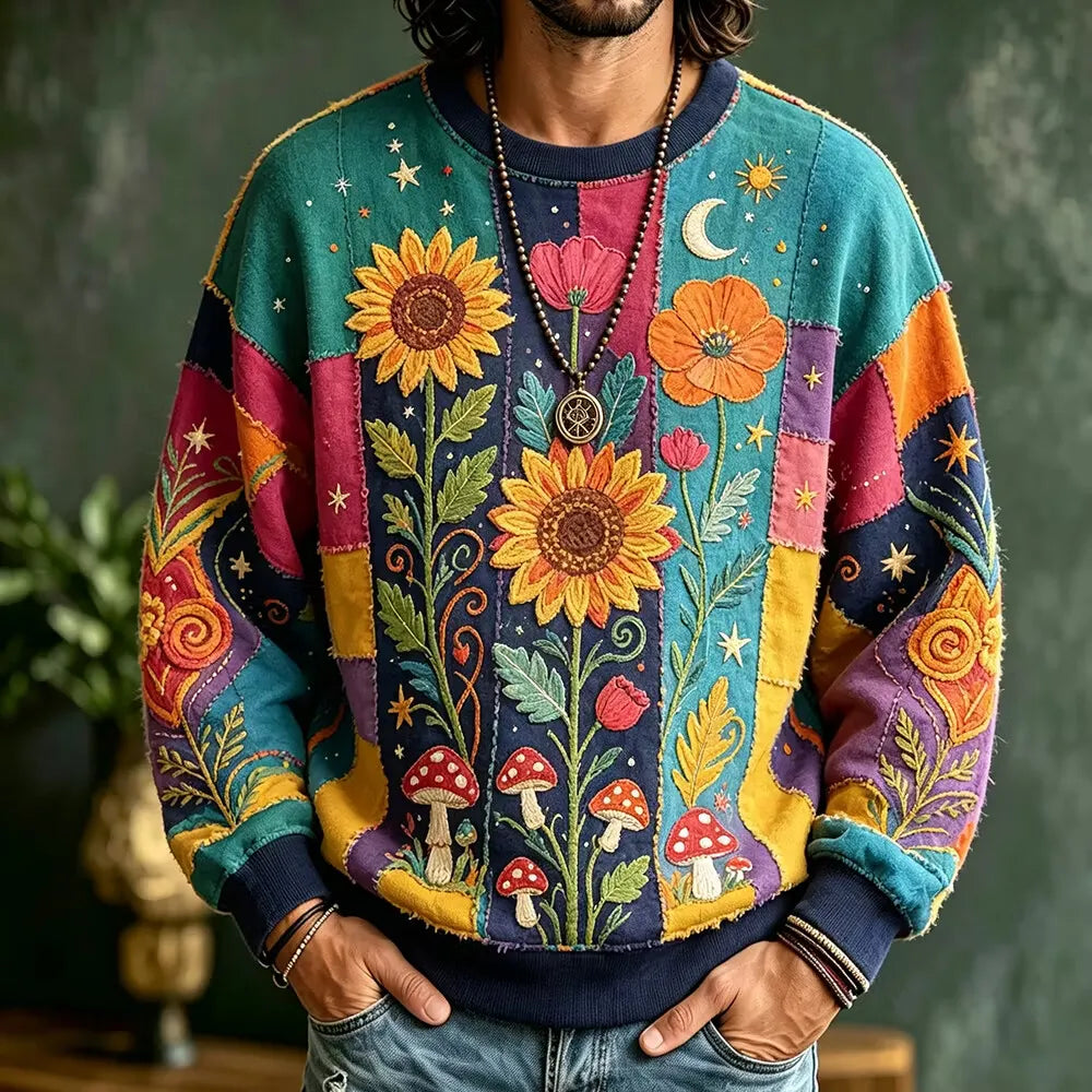Men's Moon Star Mushroom Blossom Print Crew Neck Sweatshirt