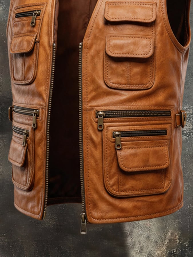 Men's Vintage Multi-Pocket Leather Vest Jacket