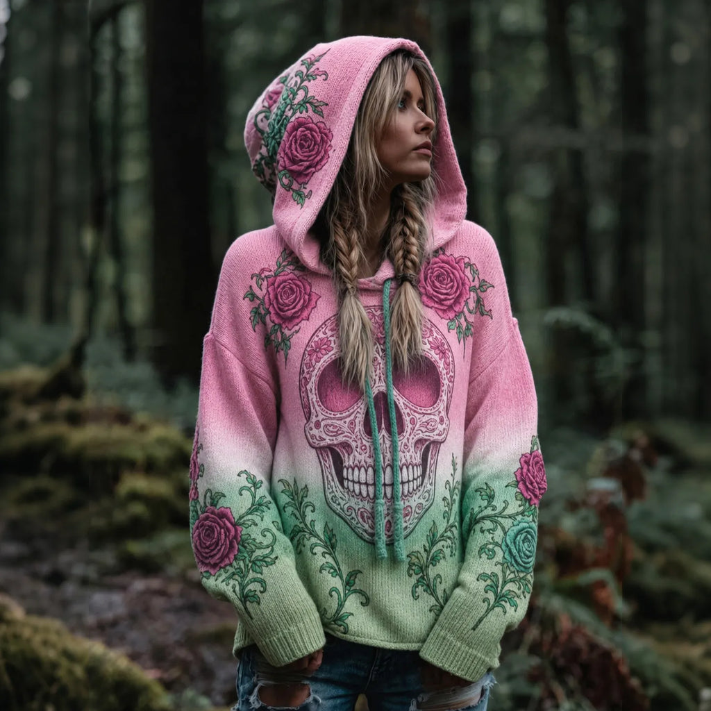 Women's Vintage Viking Skull And Rose Gradient Art Knit Hooded Sweater
