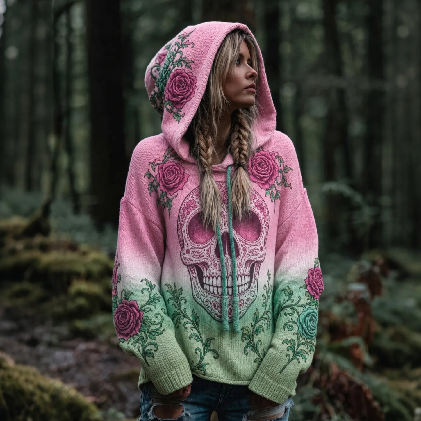 Women's Vintage Viking Skull And Rose Gradient Art Knit Hooded Sweater