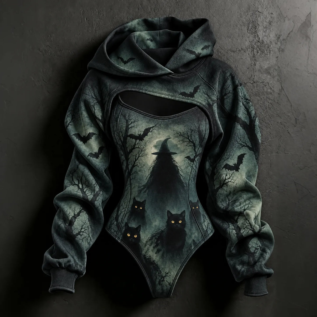 Women's Halloween Gothic Black Cat Wizard Art Print Hoodie Two-piece Set