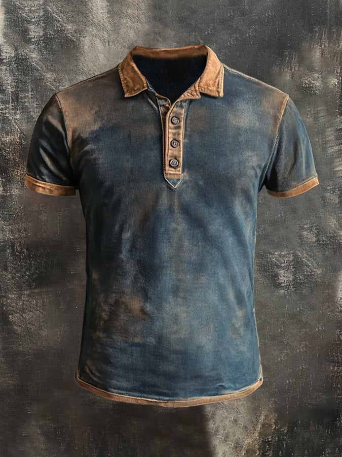 Men's retro wash colorblock short sleeve polo shirt