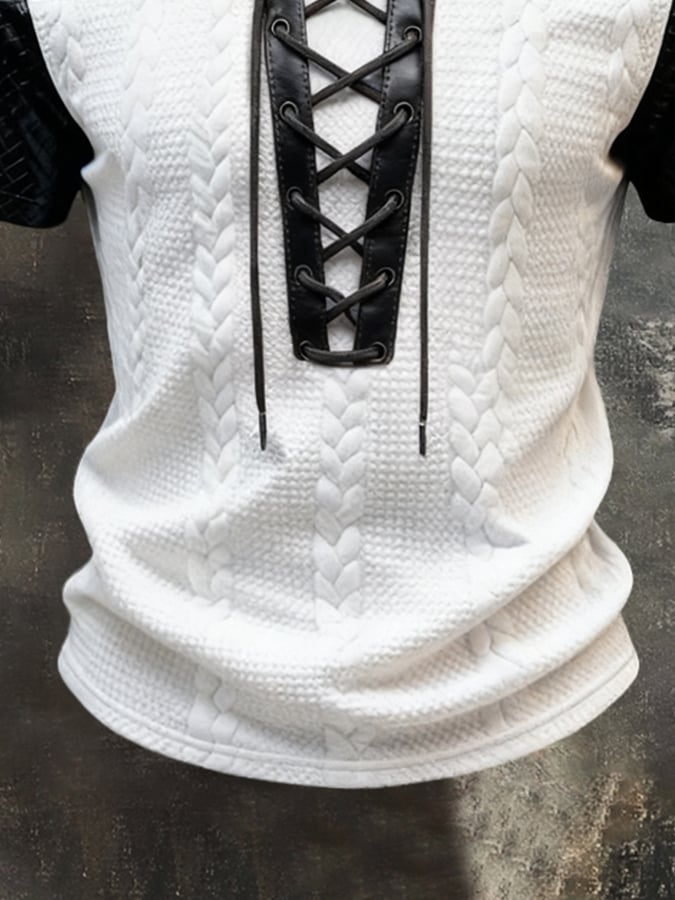 Men'S Retro Color-Block Short-Sleeve T-Shirt With Contrast Leather Paneling And Lace-Up Detail
