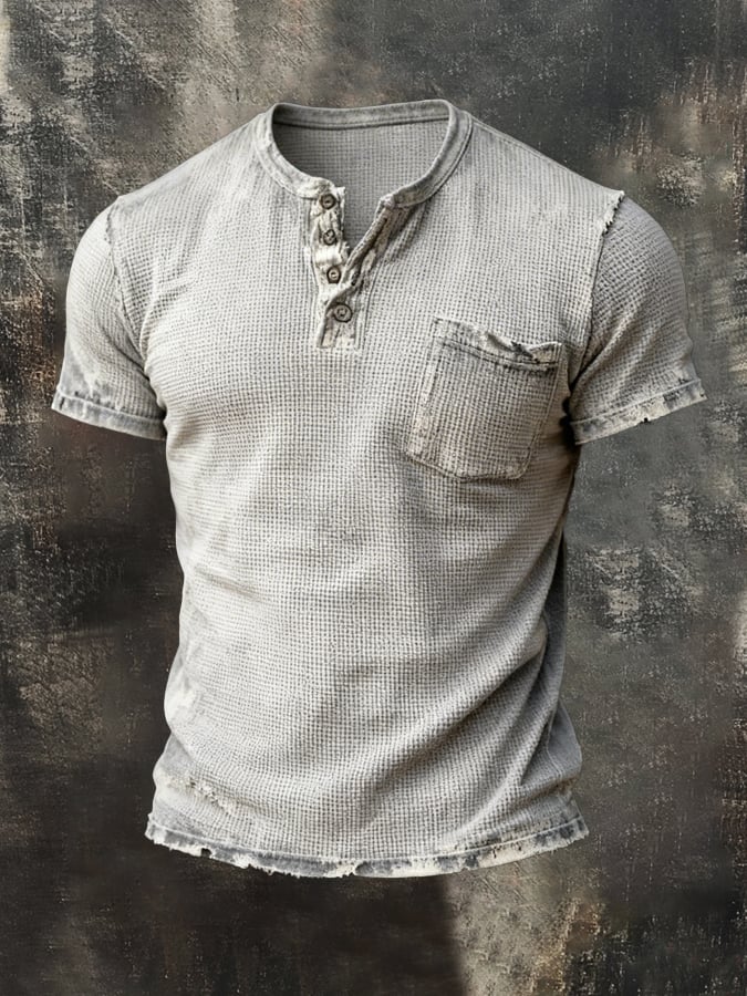 Men's Retro Distressed Waffle Casual Henley Collar Short-Sleeve Top