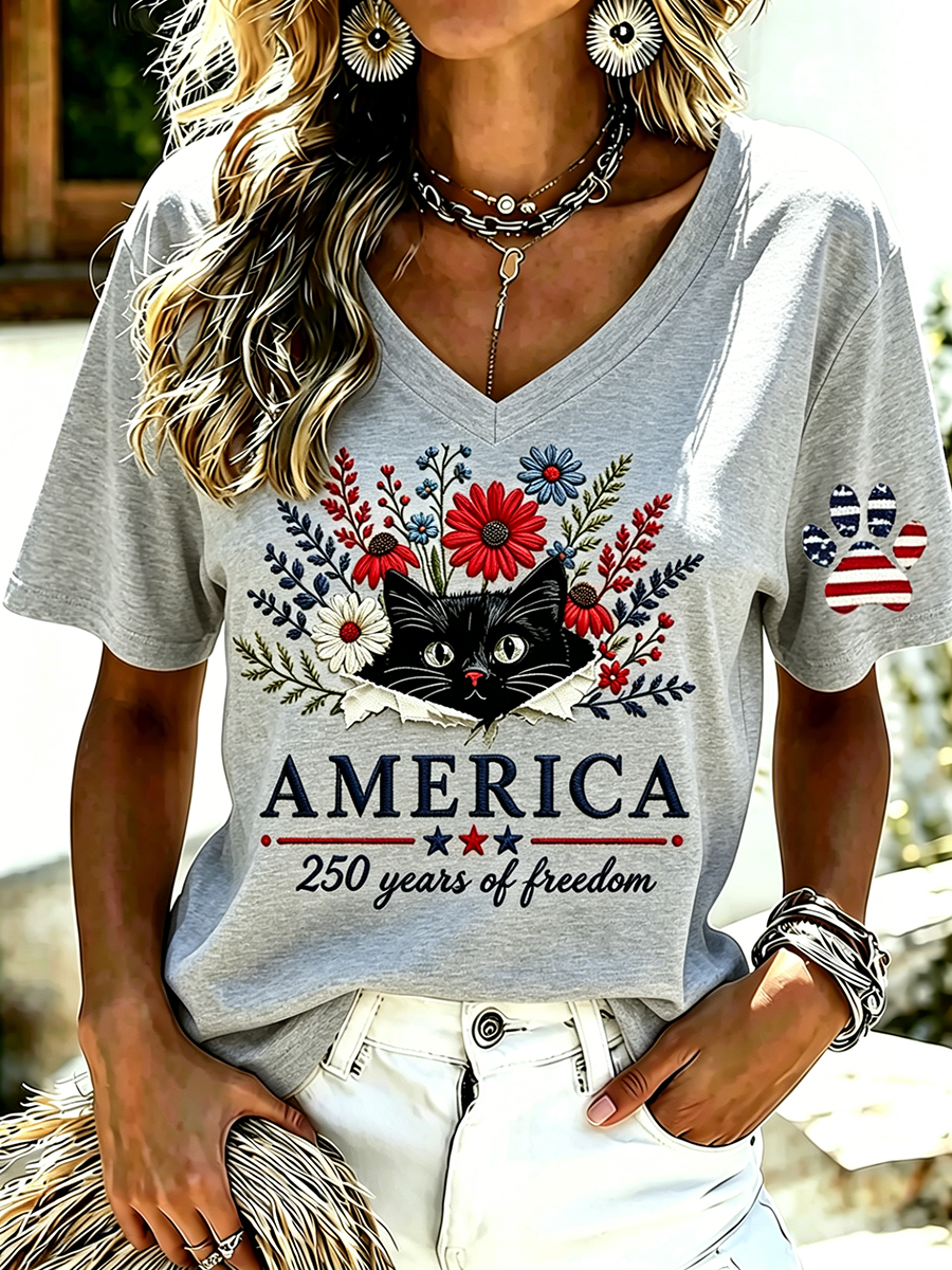Women's Casual American Cat Floral V-Neck T-Shirt