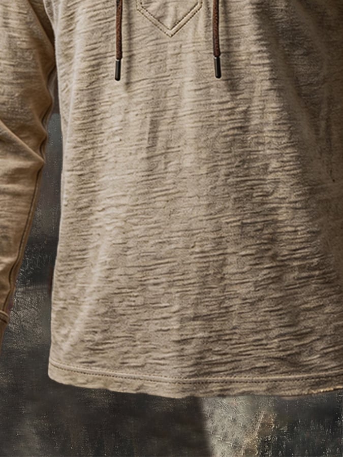 Men's Vintage Slub Cotton & Faux Suede Panel Lace-Up Henley T-Shirt