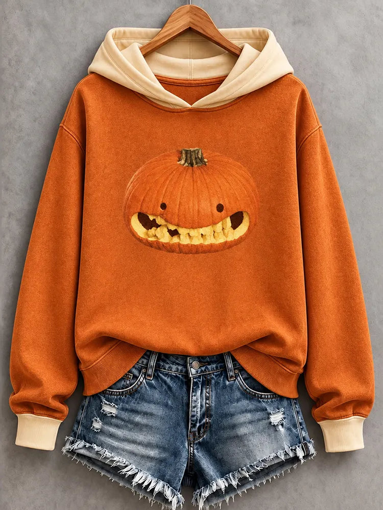 Women's Halloween Fun Baring Teeth Pumpkin Face Print Hoodie