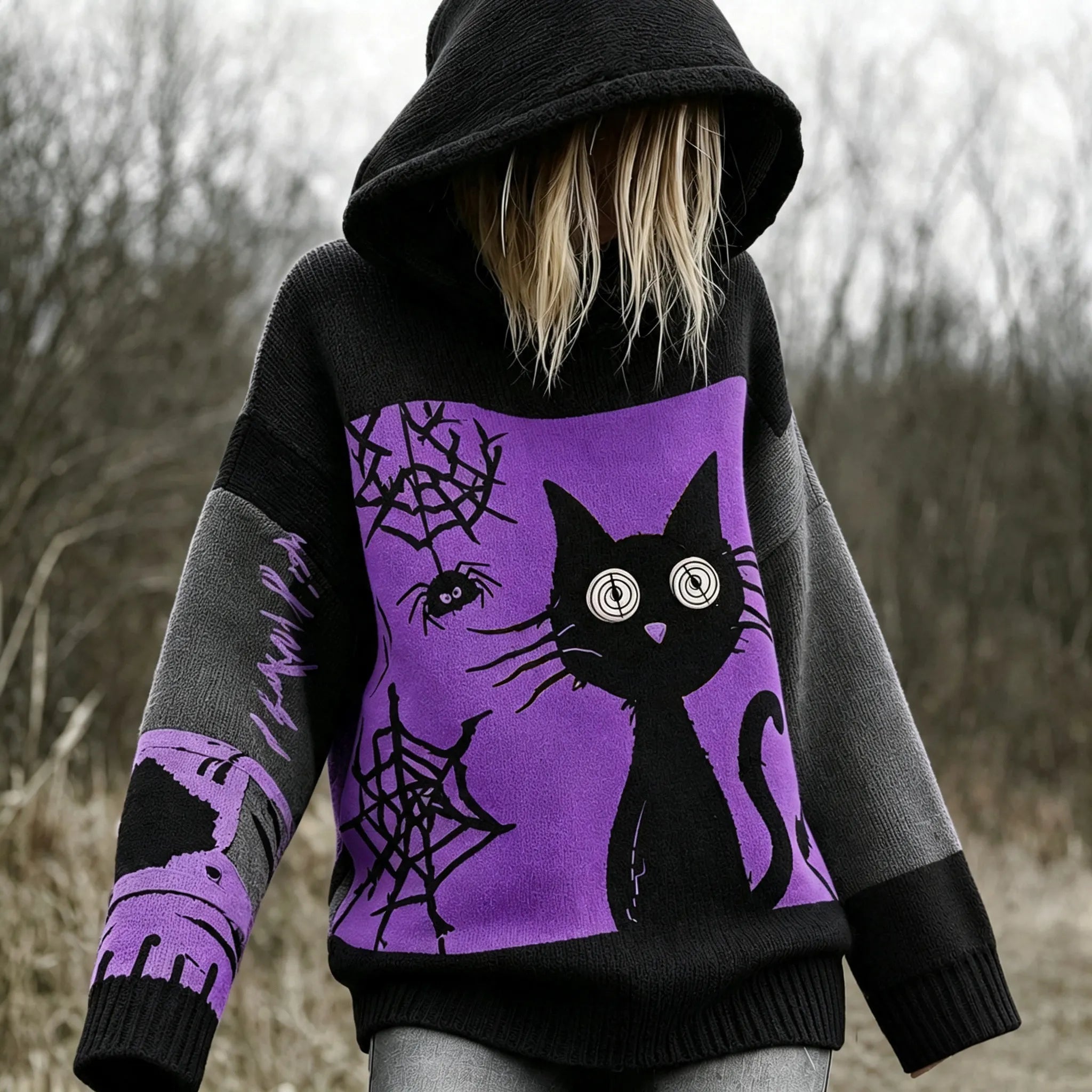 Halloween Scared Black Cat Patchwork Stitched Cozy Knit Hooded