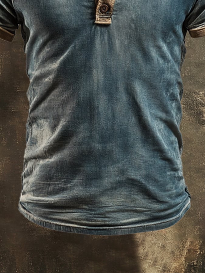 Men's casual retro wash colorblock Henley T-shirt