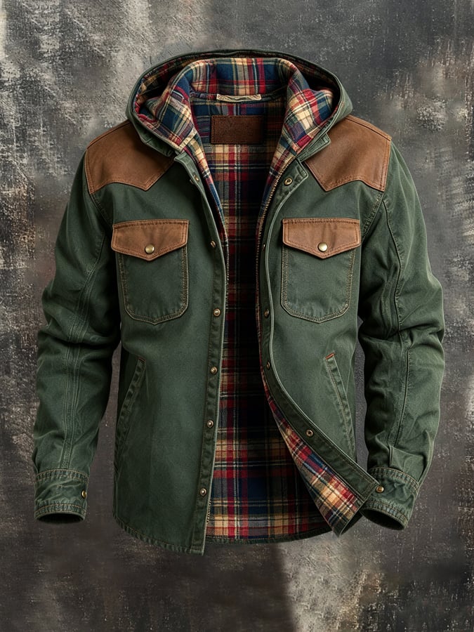 Men'S Vintage Western-Style Color-Block Hooded Jacket With Plaid Lining