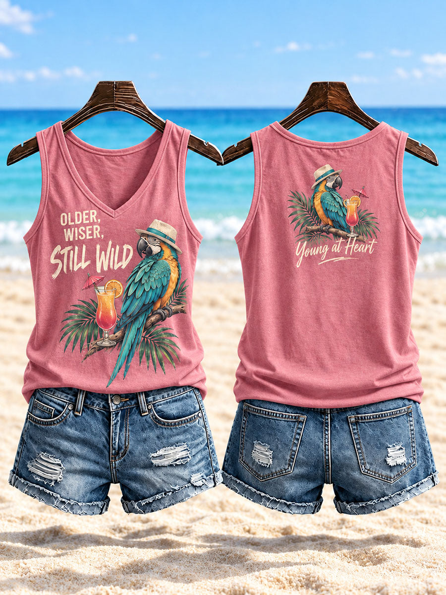 Women’s Young at Heart Parrot & Cocktail V-Neck Tank Top