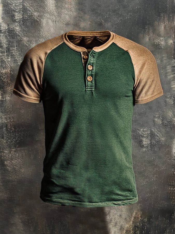 Men's casual retro wash colorblock short sleeve Henley T-shirt