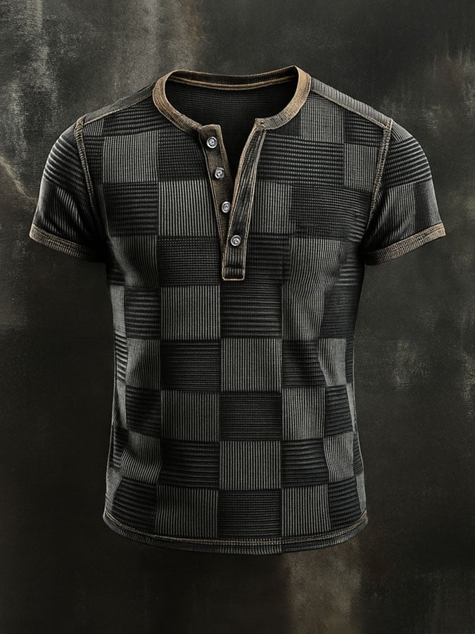 Men's Casual Waffle Print Color Block Henley T-Shirt